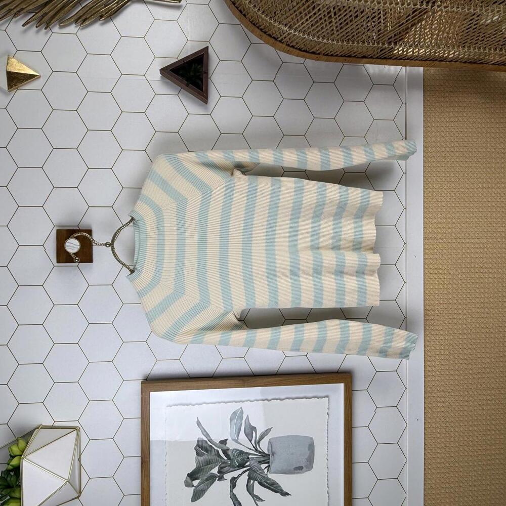 Maeve by Anthropologie Cream & Blue Striped Ribbed Sweater - Size - Small
